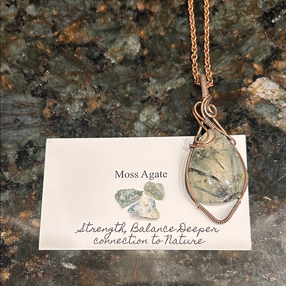 Moss Agate Pendant Necklace, handmade wire wrapped on copper setting
